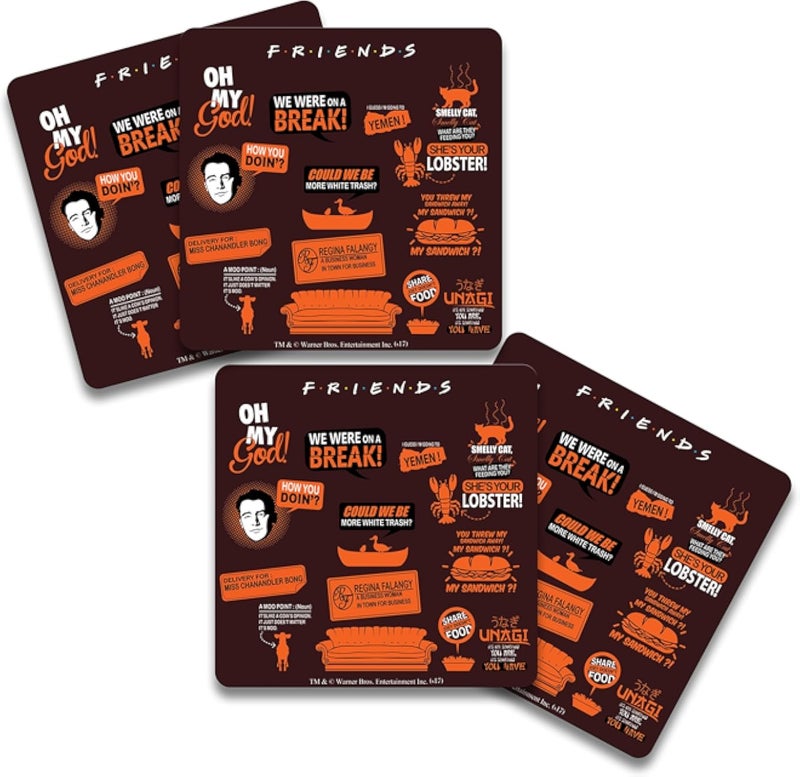 MC SID RAZZ MCSID Friends - سلسلة تلفزيونية - إنفوجرافيك - قاعدة أكواب خشبية برتقالية، مرخصة رسميًا من Warner Bros، الولايات المتحدة الأمريكية (عبوة من 4) لـ [الشاي/القهوة/الأكواب/أدوات البار/إكسسوارات طاولة الطعام]